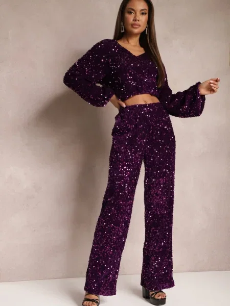 Pantaloni Largi cu Paiete din Catifă Naress violet