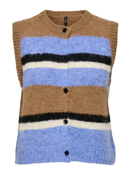 ONLY Vestă tricotată ONLKALLIE albastru deschis / maro caramel / negru alb