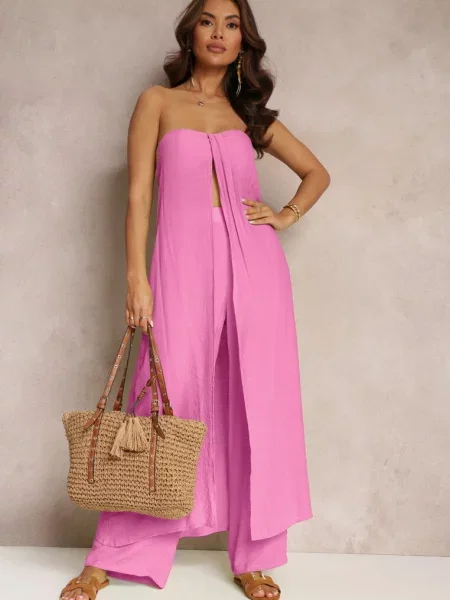 Komplet Długi Top i Spodnie z Gumką w Pasie i Szerokimi Nogawkami Bincina różowy