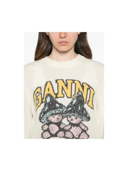 Sweter Ganni wełniany z logo biały