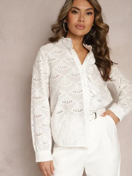 Cămașă din cu Guler Brodat și Inserții Ajurate Mylina albă