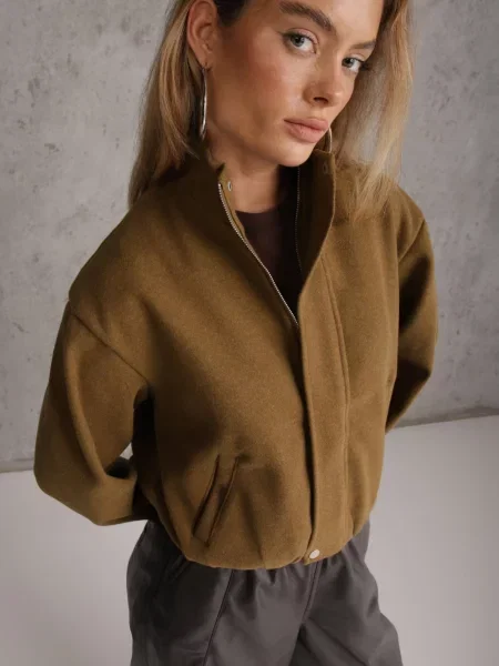 Kurtka Przejściowa Bomber Jacket ze Stójką z Wełną i Bawełną Bioneza zielona