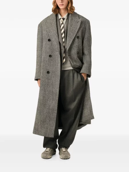 Lung palton Ami Paris de lână cu model herringbone gri