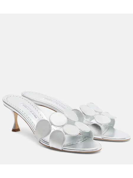Papuci tip mules Manolo Blahnik din piele argintiu