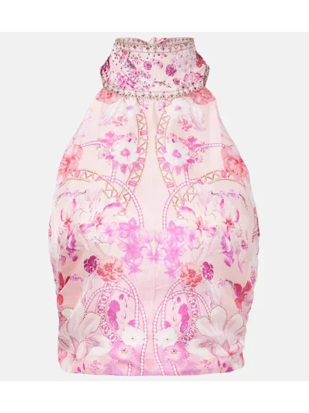 Top Camilla de mătase cu model floral cu gât halter roz