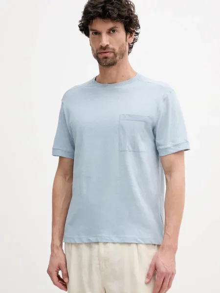 Тениска с лен United Colors of Benetton розово с изчистен дизайн синьо