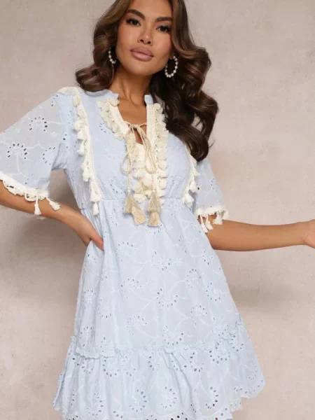 Sukienka Boho z Haftem i Sznureczkami Ladora niebieska