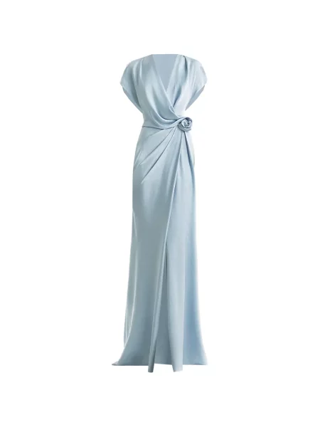 Rochie maxi Gemy Maalouf cu model floral cu decolteu în V drapată albastru