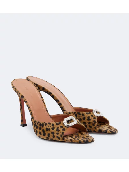 Papuci tip mules Amina Muaddi din piele de căprioară cu imagine cu model leopard maro