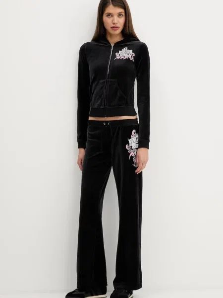 Велюрова кофта Juicy Couture Wrap You Up з капюшоном з принтом чорний