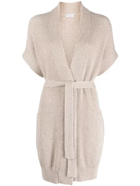 Dzianinowy kardigan Brunello Cucinelli bez rękawów chunky brązowy