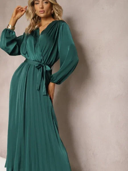 Rochie Maxi cu Pliuri și Decolteu Petrecut Basila verde