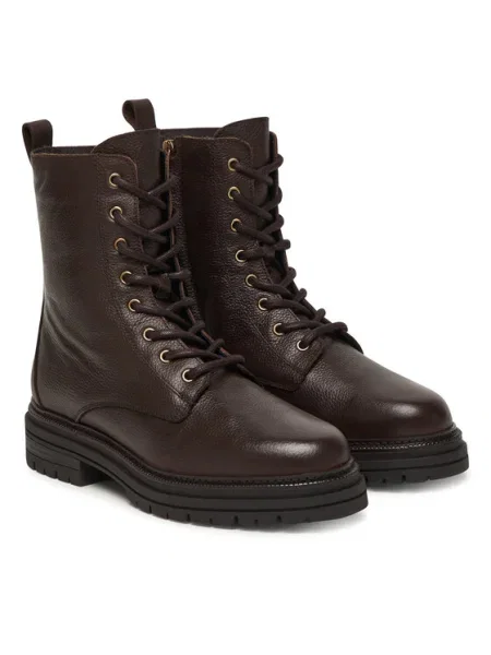 Кожени кубинки Tommy Hilfiger TH PLAQUE PEBBLE LACE BOOT с платформа с лека изолация кафяво