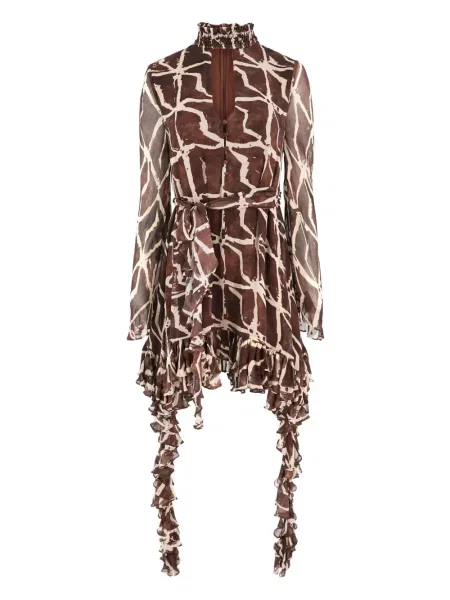 Mała sukienka mini Alexis z falbankami garniturowa brązowa