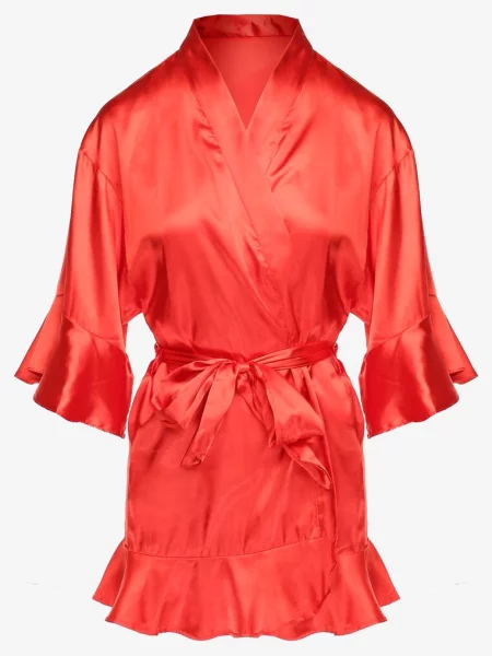 Szlafrok z Satyny z w Talii i Falbankami Debori czerwony