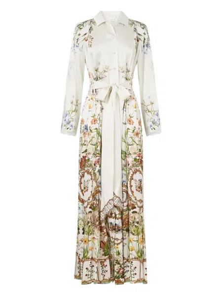 Макси рокля Camilla на цветя с принт с дантела бяло
