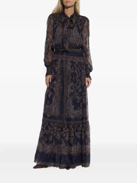 Rochie maxi Self-portrait cu funde cu model paisley albastru