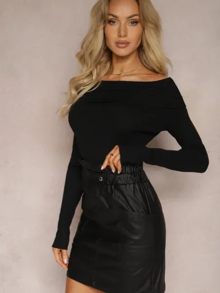 Dopasowana Spódnica Mini z Imitacji Skóry z Gumką w Talii i Anishree czarna