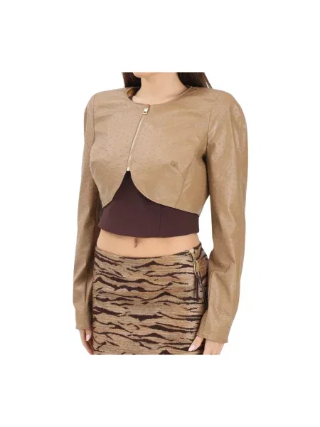 Krótka kurtka skórzana Elisabetta Franchi beżowa