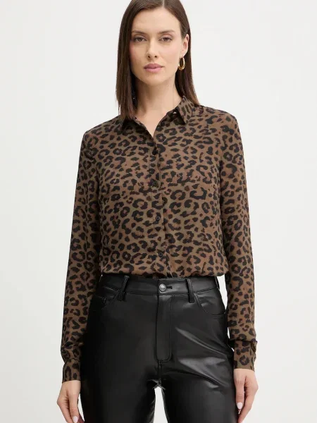 Риза Guess NEW CLOUIS дамска със стандартна кройка с класическа яка кафяво