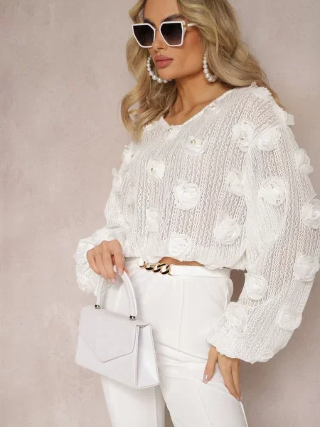 Ażurowa Bluzka w Perły i Ozdobne Kwiaty Panaly biała