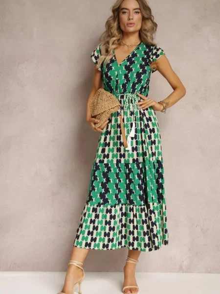 Rochie maxi din cu în talie și volane la umeri Baldise verde