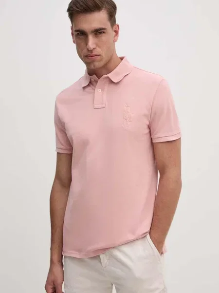 Тениска с яка Polo Ralph Lauren с изчистен дизайн розово