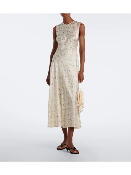 Rochie midi Dôen de mătase cu model floral alb