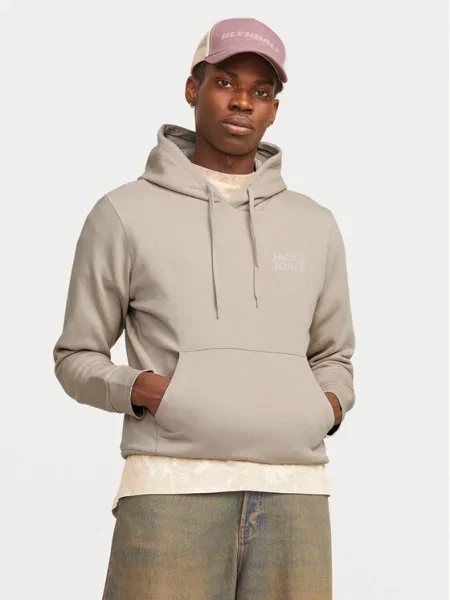 Bluza z kapturem i nadrukiem z logo model ‘ECORP’ Jack & Jones beżowa