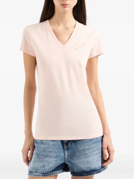 Siuvinėtas marškinėliai Armani Exchange v formos iškirpte rožinė