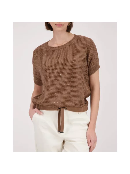 Sweter Monari ażurowy z dżetami brązowy