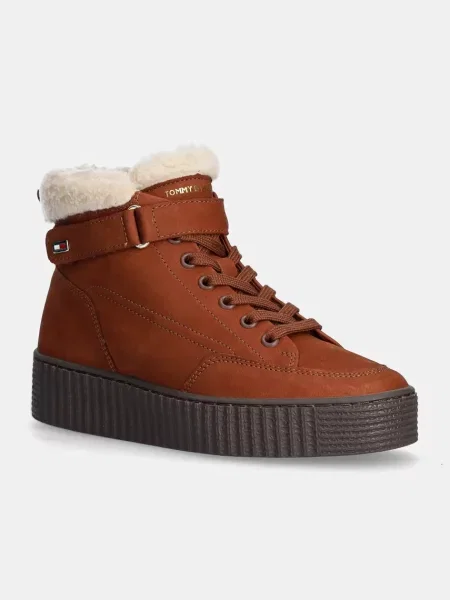 Tommy Hilfiger botki zamszowe FAUX FUR NUBUCK LOW LACE-UP na płaskim ocieplone brązowy