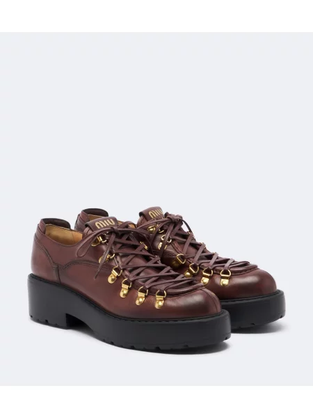 Pantofi loafer Miu Miu cu șireturi din piele maro