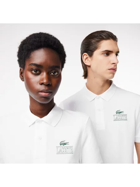 Lacoste Polo Unisex Z Nadrukiem Signature O Kroju Regular Fit biały