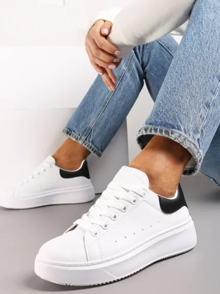 Sneakers Alb-Negru din Piele Ecologică pe Talpă Groasă cu Șireturi Serizia alb