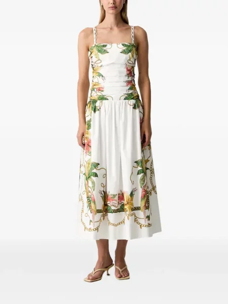 Rochie midi Farm Rio fără mâneci cu imprimeu tropical alb