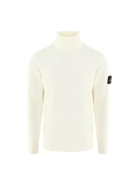 Sweter z golfem Stone Island wełniany z kamieniami do golfa biały