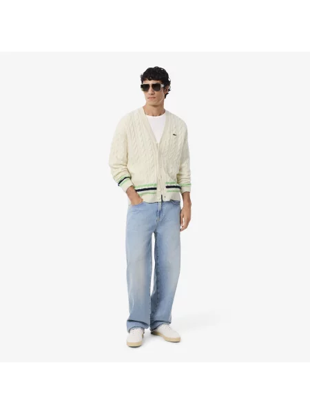 Lacoste Wełniany Kardigan Z Warkoczowym Splotem biały