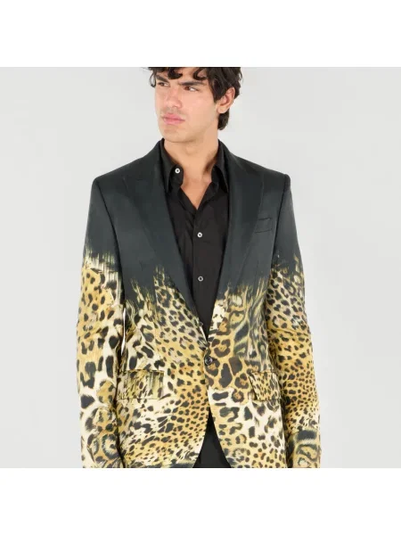 Marynarka Roberto Cavalli skórzana z nadrukiem brązowa