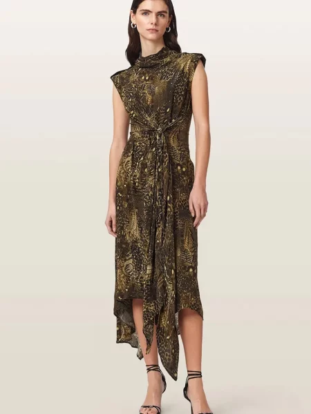 AllSaints rochie asimetrică din vâscoză PERSIA verde