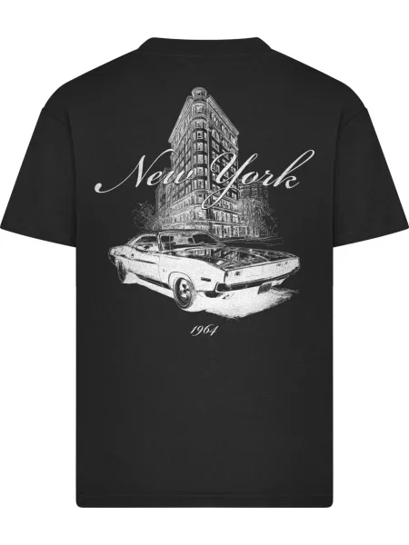 Mister Tee Tričko New York Muscle Car / šedobiela čierna