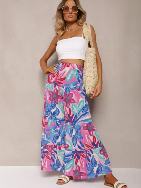 Niebiesko-Różowe Spodnie z Wysokim Stanem i Szerokimi Nogawkami z Gumką w Talii Nansialia niebieskie