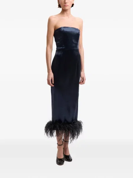 Rochie midi 16arlington de catifea cu pene albastru