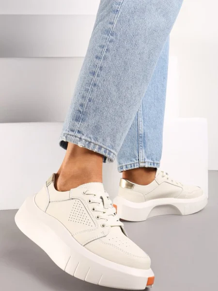 Skórzane Sneakersy na Grubej Podeszwie przed Kostkę Olerassa beżowe