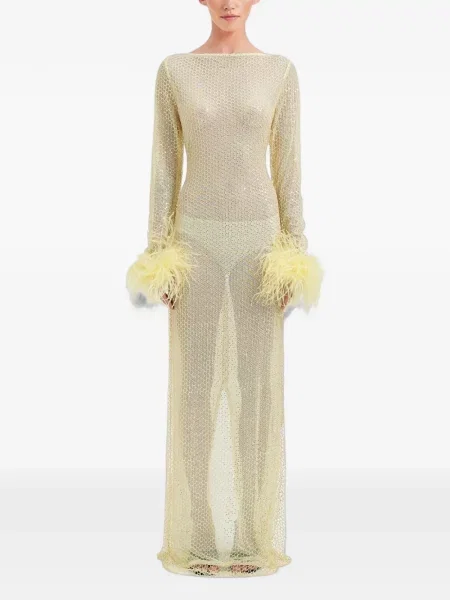 Rochie maxi Ow Collection cu pene plasă galben