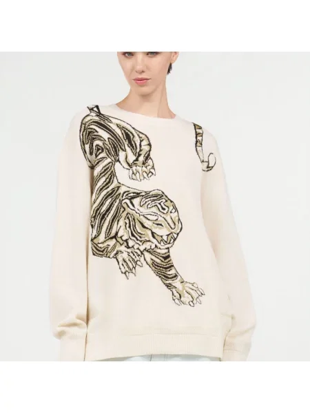 Sweter Roberto Cavalli wełniany w tygrysie prążki beżowy