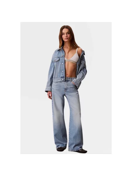 Jeansy z szerokimi nogawkami z czystej bawełny Calvin Klein Jeans niebieskie