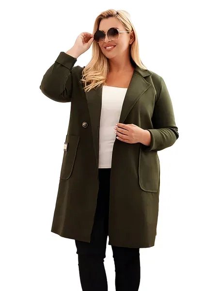Kesi Włoski Dámsky elegantný kabát Plus Size s golierom a veľkými khaki