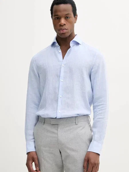 Lněná košile Joop! slim s italským límcem modrá