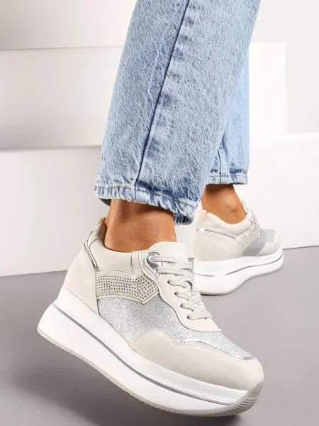 Sneakersy na Platformie z Cyrkoniami na Boku Oarema beżowe